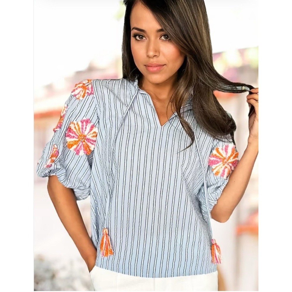 THML Womens Top S Blue Striped Embroidered Floral Puff Sleeve Tassel Blouse Boho